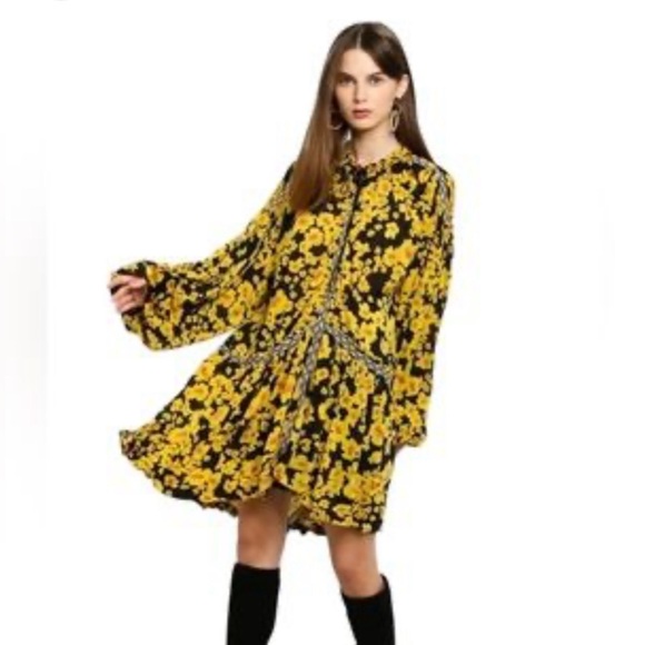 Free Pople Love Letter yellow and black floral boho tunic/dress women's - Picture 2 of 7